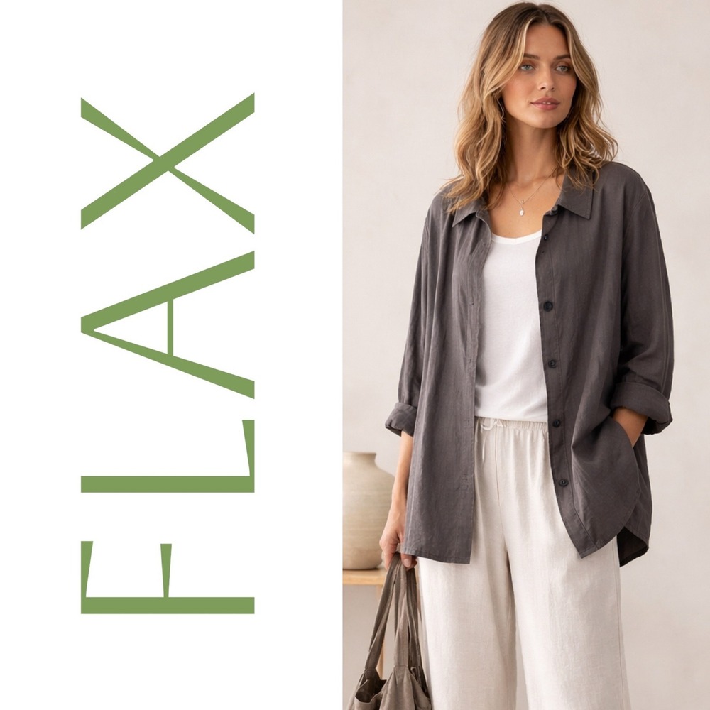 FLAX 100%β Linen Button Front Shirt Jacket Lagenlook Minimalist Oversized Gray L